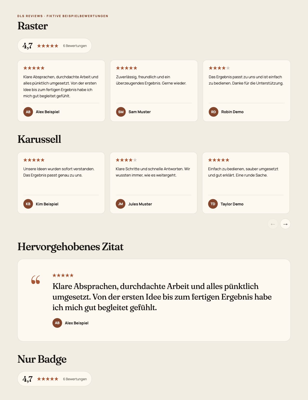DLS Reviews: Raster, Karussell, hervorgehobenes Zitat und Badge mit sechs fiktiven Beispielbewertungen