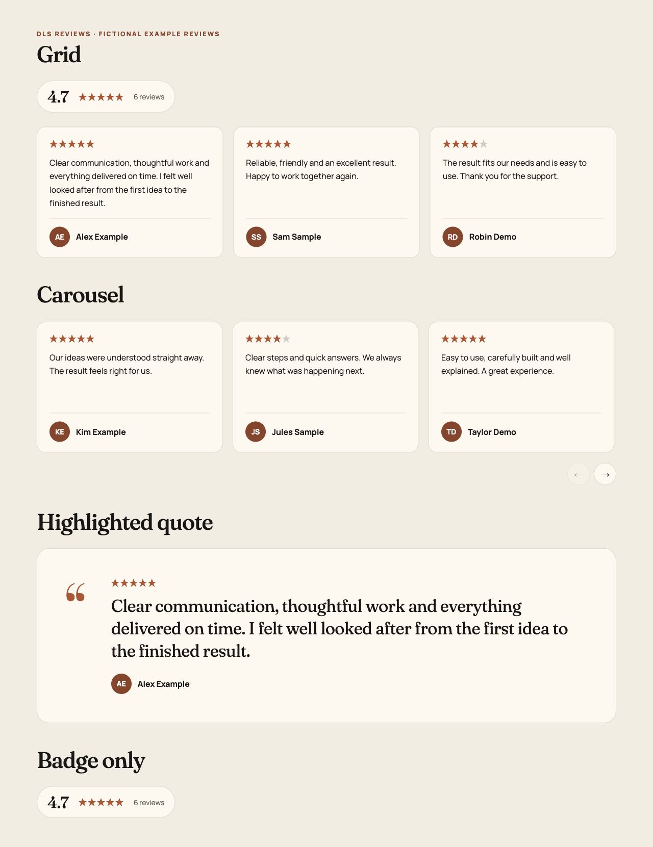 DLS Reviews: grid, carousel, highlighted quote and badge with six fictional example reviews